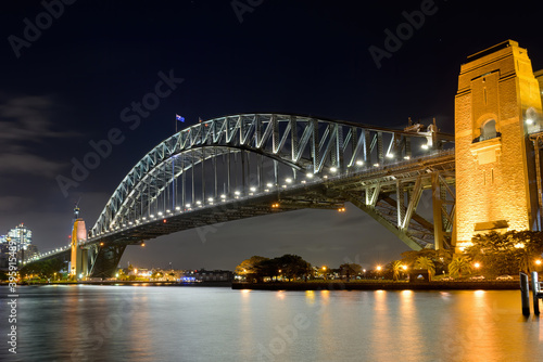 Sydney, New South Wales, Australia ; The Sydney Harbor Bridge illuminated at night.