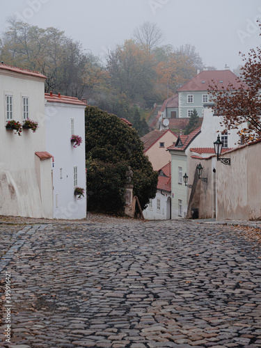 Empty Prague street an a foggy autumn morning