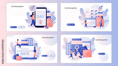 World Contraception Day. Contraceptive methods in sexual and reproductive health. Screen template for mobile smart phone, landing page, template, ui, web, mobile app, poster, banner, flyer. Vector
