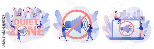 Quiet zone concept. No sound, Stop noise sign and tiny people. Volume off or mute mode sign for smartphone or laptop. Modern flat cartoon style. Vector illustration on white background