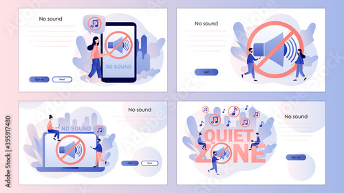 Quiet zone concept. No sound, Stop noise sign and tiny people. Volume off or mute. Screen template for mobile smart phone, landing page, template, ui, web, mobile app, poster, banner, flyer. Vector 