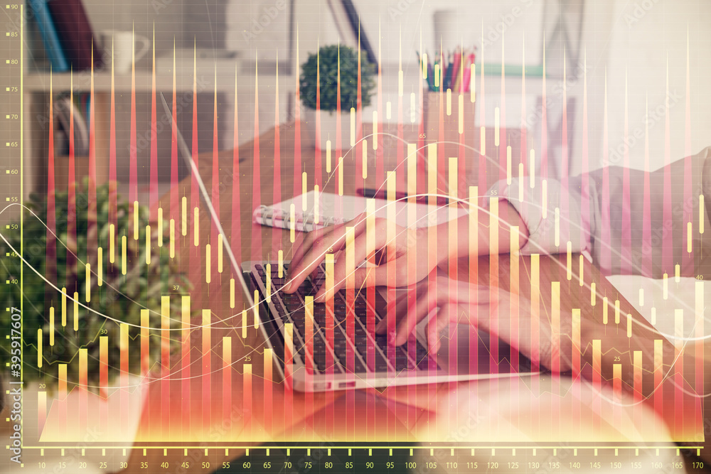 Double exposure of woman hands typing on computer and forex chart hologram drawing. Stock market invest concept. Double exposure of woman hands typing on computer and forex chart hologram drawing. Stock market invest concept.