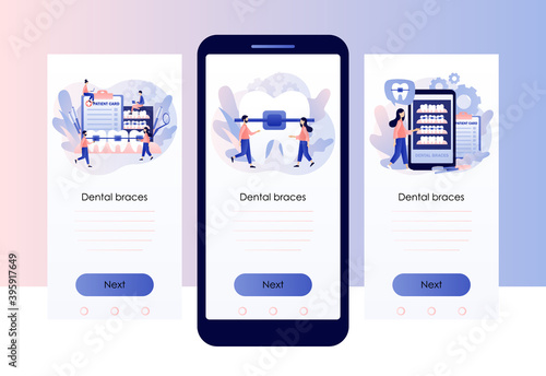 Dental braces. Orthodontic treatment and cosmetic odontology. Tiny people orthodonts and patients whose straightening teeth. Screen template for mobile smart phone. Modern flat cartoon style. Vector