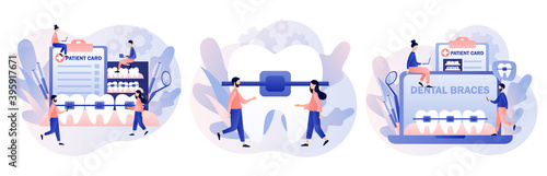 Dental braces. Orthodontic treatment and cosmetic odontology. Tiny people orthodonts and patients whose straightening teeth. Modern flat cartoon style. Vector illustration on white background