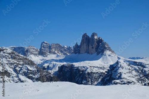 View of Tre Cime peaks in winter scenery from Platzwiese (Piazza Prato) Strudelkopf, Dolomites, Italy