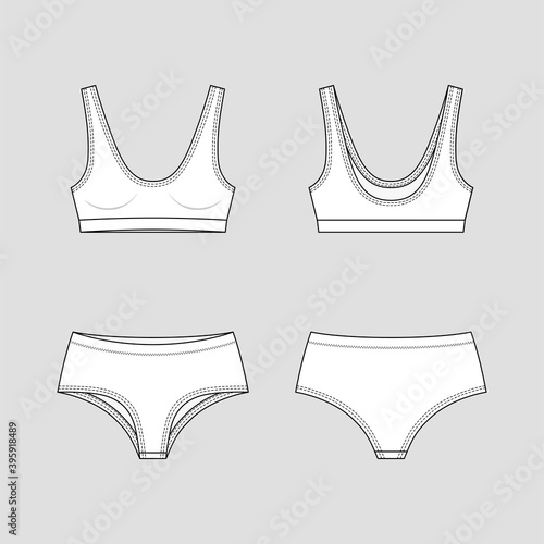 Shortie briefs + sportive bra.  Lingerie set. Vector technical sketch. Mockup template.