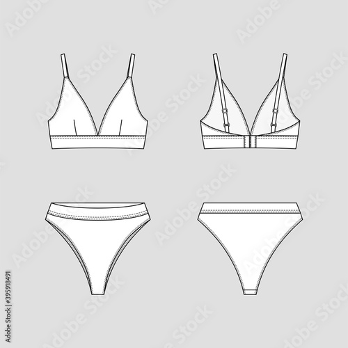 Brazilian briefs and triangle cups bra.  Lingerie set. Vector technical sketch. Mockup template.