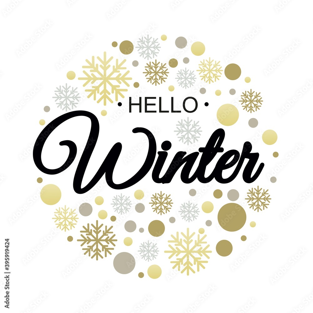 Hello winter. Vector illustration. Lettering. Calligraphy. Winter logos and emblems for invitation, t-shirt, prints. Hello winter black written inscription with snowflakes on white background. Hello winter. Vector illustration. Lettering. Calligraphy. Winter logos and emblems for invitation, t-shirt, prints. Hello winter black written inscription with snowflakes on white background.