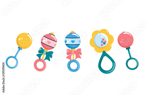 Collection of different rattles for newborn babies.Beanbags set. Toys with bows and hearts. Infants care products,items.Maternity and childhood accessories.Birthday invitation elements in flat style.
