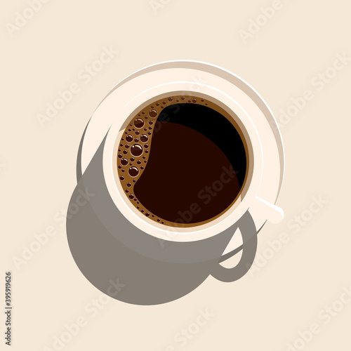 Cup of coffee on saucer, view from the top. Isolated vector illustration on white background.