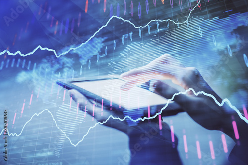 Double exposure of forex chart sketch hologram and woman holding and using a mobile device. Financial market concept.