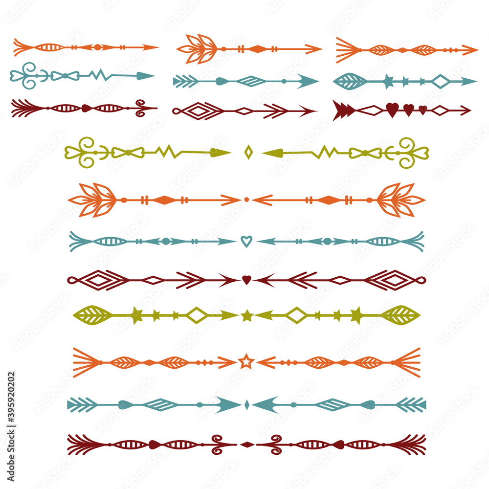 Set of isolated multicolored tribal arrows, openwork page dividers and round arrow frames on a white background, vector illustration, design and decoration of wedding cards, banners and logos
