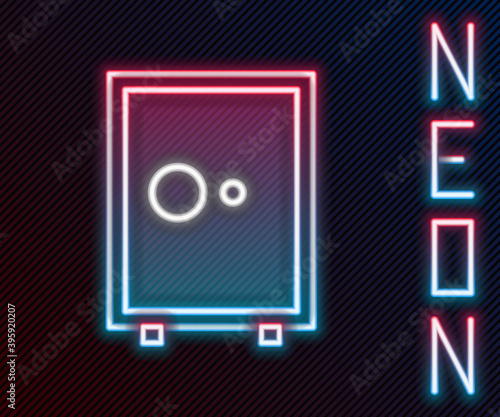 Glowing neon line Safe icon isolated on black background. The door safe a bank vault with a combination lock. Reliable Data Protection. Colorful outline concept. Vector Illustration.
