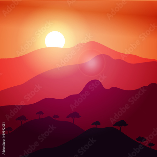 Illustration vector graphic of view of the silhouette of a sunset in the beautiful mountains. Orange gradient background. Fit for natural landscape book cover  background for nature lovers community