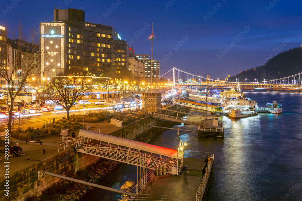 Budapest Hungary and the Dabune River in blue hour Budapest Hungary and the Dabune River in blue hour