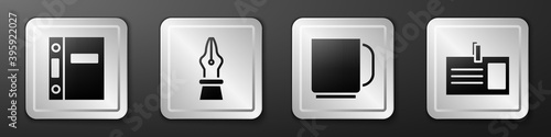 Set Office folders, Fountain pen nib, Coffee cup and Identification badge icon. Silver square button. Vector.