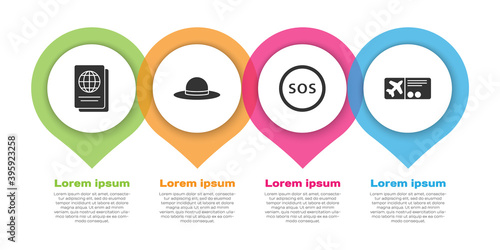 Set Passport, Elegant women hat, Location with SOS and Airline ticket. Business infographic template. Vector.