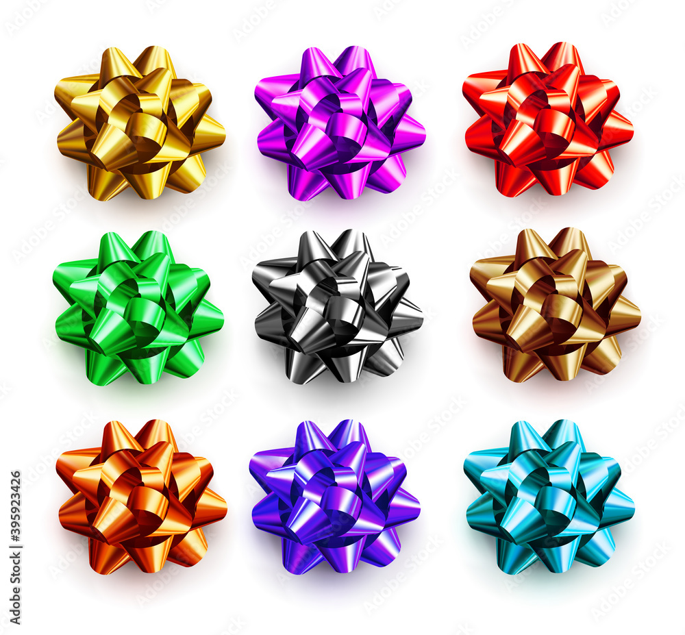 Multicolored bows for gifts isolated on white background. Decorative festive decoration elements for birthday, Christmas and New Year.