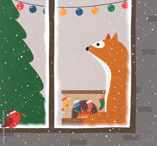 Merry Christmas and New Years home interior with fox in window, Christmas tree, hanging decoration baubles, fireplace with socks for gifts.