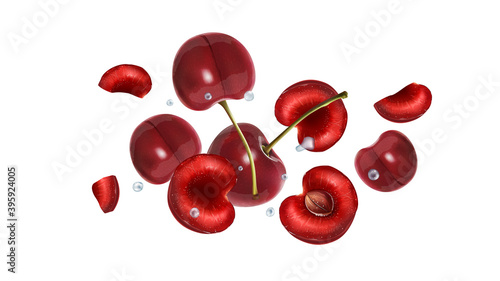 Flying cherry berries and water drops on a white background.