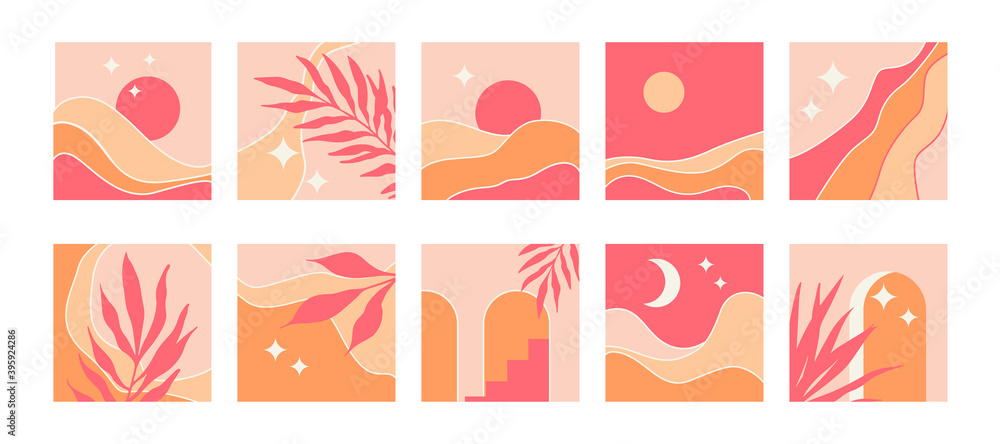 Set of abstract minimalistic square backgrounds in mid century style. Vector illustration with mountain landscape, natural shapes, arches,  sun, moon, stars and palm branches in pink and sand colors.
