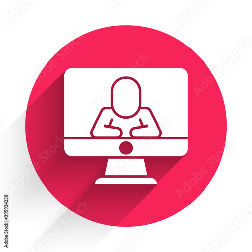 White Online psychological counseling distance icon isolated with long shadow. Psychotherapy, psychological help, psychiatrist online consulting. Red circle button. Vector.