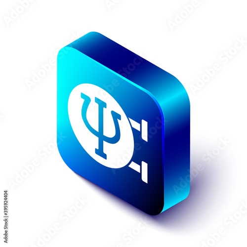 Isometric Psychology icon isolated on white background. Psi symbol. Mental health concept, psychoanalysis analysis and psychotherapy. Blue square button. Vector.