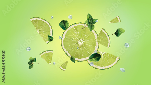Lime slices, mint leaves and water droplets in flight.
