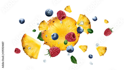 Raspberries, pineapple and blueberries flying on a white background.
