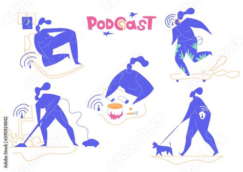 Broadcasting, media hosting. Sounding microphone, media speech bubble  doodle drawing isolated on white background. Leasure and listen podcast.Woman do housework. Go to university.Cooking.Before sleep