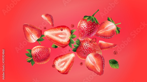 Flying fresh strawberries on a red background.