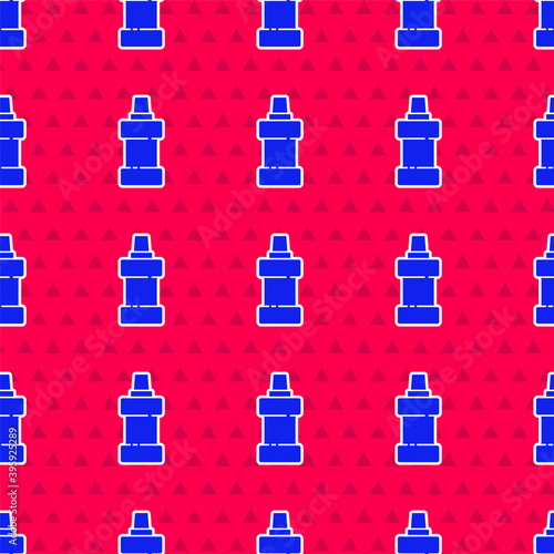 Blue Plastic bottle for laundry detergent, bleach, dishwashing liquid or another cleaning agent icon isolated seamless pattern on red background. Vector.