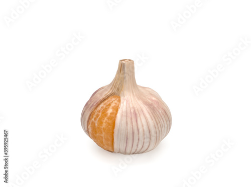 A slice of tangerine in a head of garlic. If you fit, it does not mean that you are in your place. Hidden meaning. photo