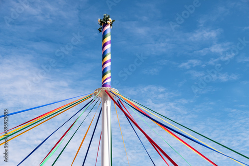 Coloured ribbons on an English maypole.