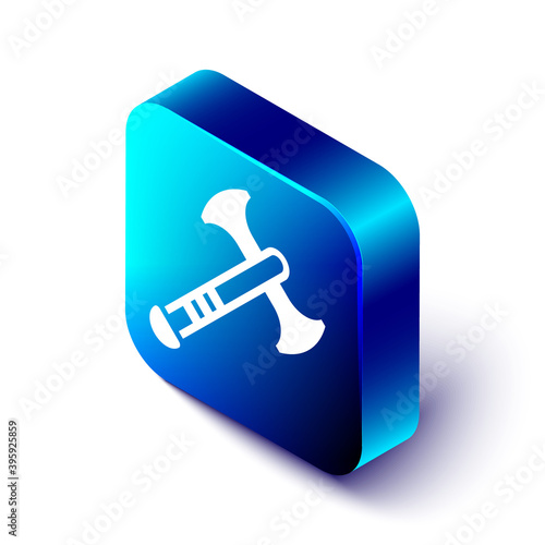 Isometric War axe icon isolated on white background. Battle axe, executioner axe. Medieval weapon. Blue square button. Vector.