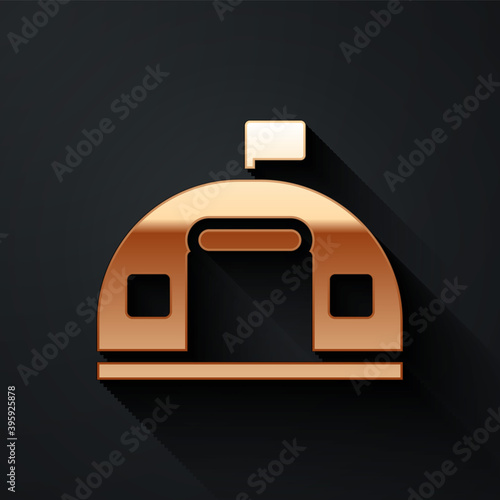 Gold Military barracks station icon isolated on black background. Airstrikes architecture army. Long shadow style. Vector.