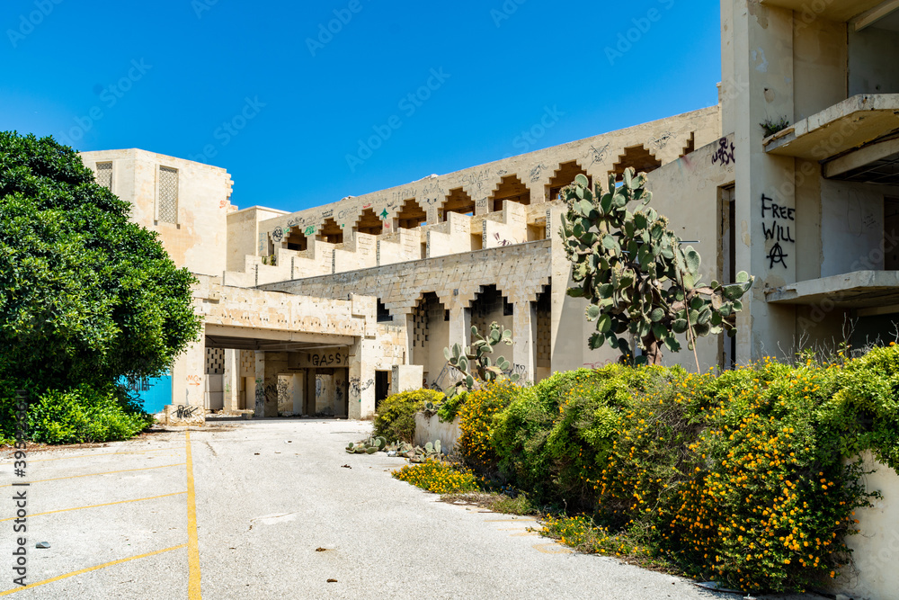 The derelict Jerma Palace Hotel in Marsaskala, Malta.