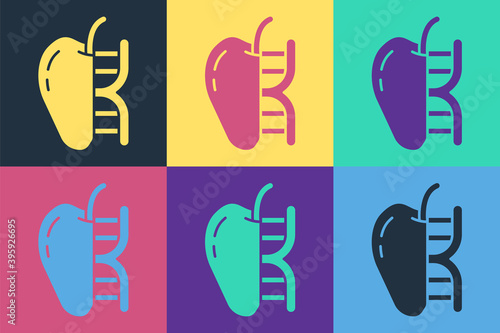 Pop art Genetically modified apple icon isolated on color background. GMO fruit. Vector.