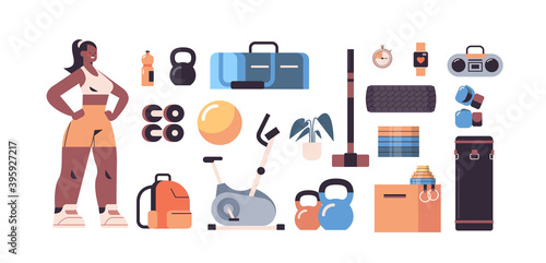 sportswoman in sportswear with different equipment icons set fitness training healthy lifestyle concept horizontal full length vector illustration