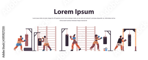 mix race boxers doing exercises with punching bag training healthy lifestyle boxing concept horizontal full length copy space vector illustration