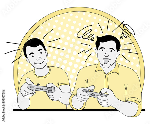 Two players playing video games at home, holding controllers. The younger against the older player. Vector and illustrations.