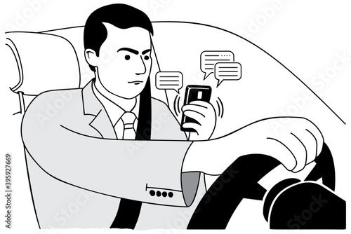 Man Typing Text Message On Mobile Phone While Driving Car. Dangerous driving while typing text message. Vector and illustration.