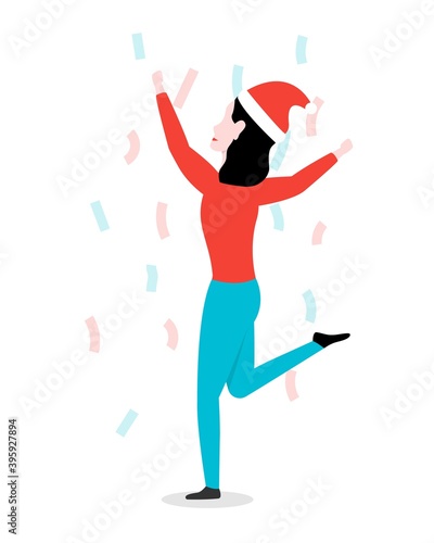 Woman in a christmas hat celebrates the holiday. Vector illustration