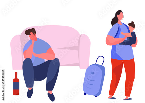 Domestic Violence and Drinking Addiction during Quarantine.Family Quarrel,Swear during Covid19 Pandemic Drunk Husband.Family had Scandal.Wife with Baby Left Drunk Husband.Flat Vector Illustration