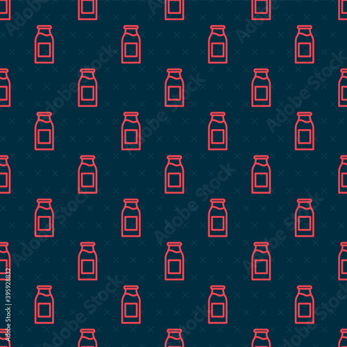 Red line Closed glass bottle with milk icon isolated seamless pattern on black background. Vector Illustration.