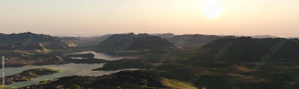 Valley of the hills, panorama of a hilly landscape, a lake among the hills, 3D rendering