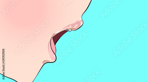 Woman, girl open mouth in flat vintage style, background. Says or moans, breathing. Face close up, retro design backdrop. Vector illustration.