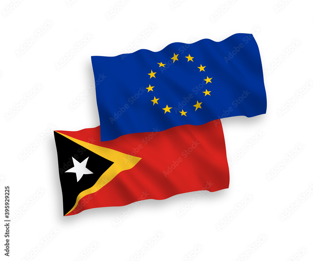 National vector fabric wave flags of European Union and East Timor isolated on white background. 1 to 2 proportion. National vector fabric wave flags of European Union and East Timor isolated on white background. 1 to 2 proportion.