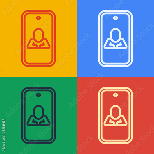Pop art line Online psychological counseling distance icon isolated on color background. Psychotherapy, psychological help, psychiatrist online consulting. Vector.
