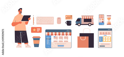 man using laptop online shopping web application internet business icons set e-commerce digital marketing concept horizontal full length vector illustration